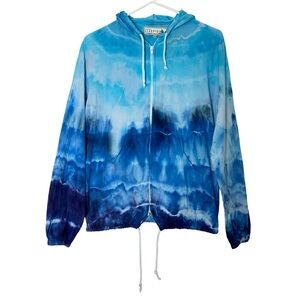 Handmade Tie Dye Jacket Womens Size XS Hoodie Blue Ombre Full Zip Cotton Upcycle